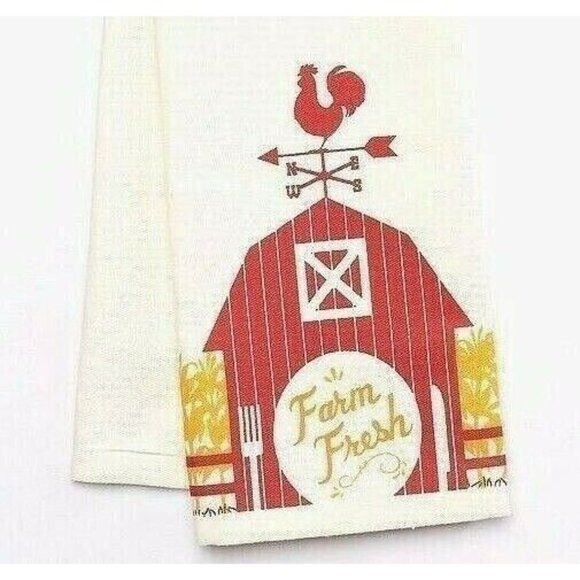 Farm Fresh Tea Towel Country Rooster Weathervane on Red Barn Kitchen Cotton NEW - Picture 2 of 2